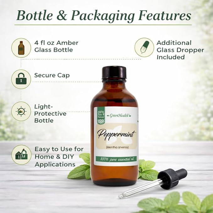 GreenHealth Peppermint Essential Oil 4 fl oz - 100% Pure Essential Oil - Amber Glass Bottle w/Glass Dropper - Fresh Mint Aroma for Diffusers, Candles, Soap Making, DIY Use Greenals