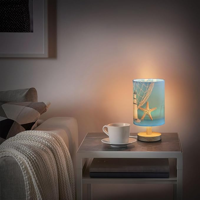 Table Lamp Nautical Sailboat Lighthouse Starfish Seashell Fishnet Blue Wood Nightstand Lamp with Wood Base Fabric Lamp Shade Bedside Desk Lamp for Living Room Bedroom Kids Room Office - Bloomnest