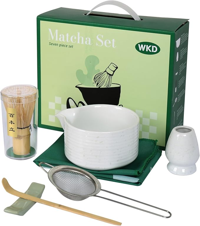 Matcha Bowl Set, Matcha Whisk and Holder, Stainless Sifter & Bamboo Scoop, Towel, 7 PCS Matcha Starter Kit for Matcha Lovers, White - Bloomnest