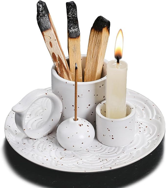4 in 1 Ceramic Incense Burner Holder with Handle for Burning Sage, Palo Santo Stick, Joss Sticks, Candle in Your New House, Office, Yoga, Meditation Room (White) - Bloomnest