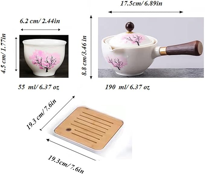 Ceramic Portable Travel Tea Set, Chinese Kungfu Tea Set with 360 Rotation Teapot and Infuser, 4 Tea Cups, Tea Tray And Travel Bag (Cherry Blossoms)