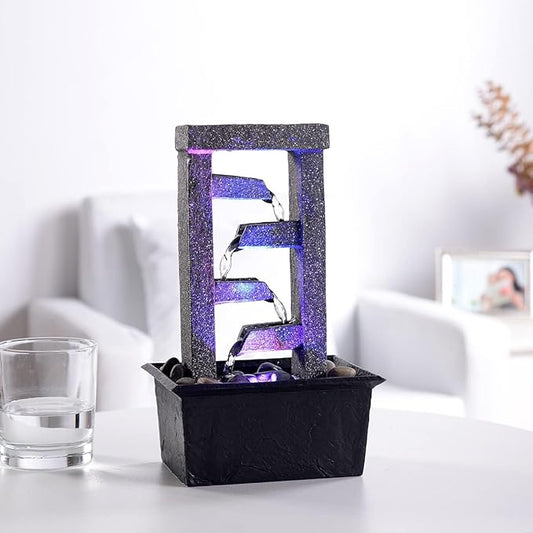 GOSSI 10" H 4 Tiered Cascading Rectangle Indoor Desktop Fountain with Natural River Rocks and RGB Color Changing LED Lights Home/Office Decoration Meditiation Resin waterfull Tabletop Fountain - Bloomnest