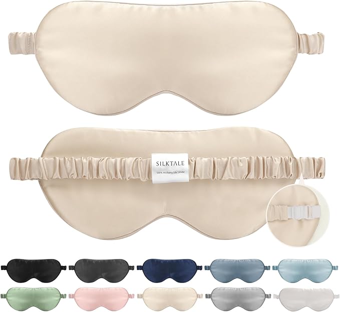 100% Mulberry Silk Eye Mask for Sleeping with Silk Wrapped Adjustable Strap,Beige - Bloomnest
