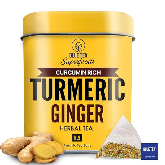 BLUE TEA - Turmeric Ginger Tea - 15 Count - Pyramid Plant Based Tea Bag | CURCUMIN RICH - HERBAL BLEND | Herbal Tea - Caffeine Free - Non-GMO - Vegan - Earthy Flavor - Healthy | Reusable Tin Pack - Bloomnest