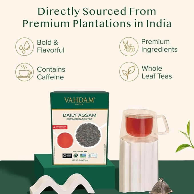 VAHDAM, Assam Black Tea Leaves (340g/12oz) 170+ Servings | High Caffeine, Non GMO, Gluten Free | STRONG, MALTY & RICH | Pure Unblended Single Origin Black Loose Leaf Tea | Vacuum Sealed - Bloomnest
