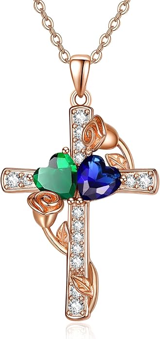 Rose Gold Dual Birthstones Cross Necklace for Women Rose Flower Jewelry Anniversary Christmas Mother's Valentine's Day Birthday Gift for Wife Girlfriend Mom - Bloomnest