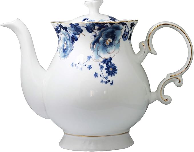 Jomop European Style Ceramic Flower Teapot Coffee Pot Water Pot Porcelain Gift Large 5.5 Cups (1, Blue and White) - Bloomnest