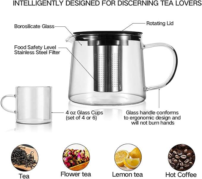 Glass Teapot 51oz/1500ml with 6 Pack Tea Cups Gift Set, Removable Stainless Steel Infuser Tea pot, Heatproof Borosilicate Glass Tea Make, Stovetop Safe Glass Tea Kettle for Loose and Blooming Leaf Tea - Bloomnest