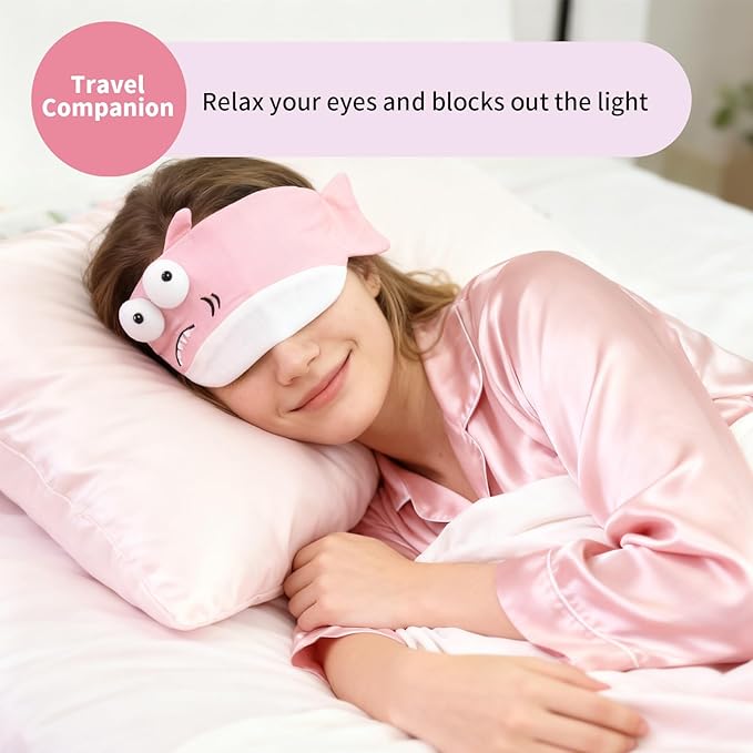 Cute Sleeping Mask, Shark Soft Fabric Sleep Mask Funny Cartoon Blindfold Novelty Eye Cover Eyeshade Shade for Women Kids Girls and Adult Travel (Pink+Blue Shark) - Bloomnest