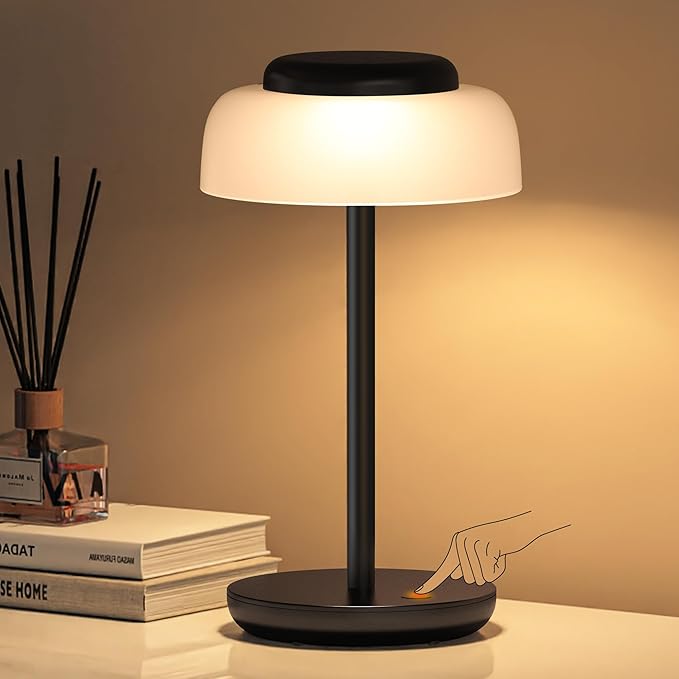 QiMH Battery Operated LED Table Lamp, 5000mAh Rechargeable Cordless Lamp, Stepless Dimmable Touch Control, Small Waterproof Desk Night Light for Living Room, Bedroom, Outdoor Bar (Black) - Bloomnest