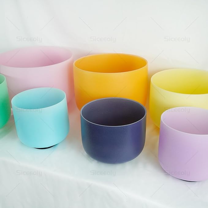 7-12 inch 432HZ Candy Color Crystal Singing Bowls Chakra Set of 7 Meditation Bowl Frosted Healing Quartz Sound Singing Bowls with 2 Travel Carry Case Bag 2 Mallet Suede 2 Strikers 7 O-rings - Bloomnest