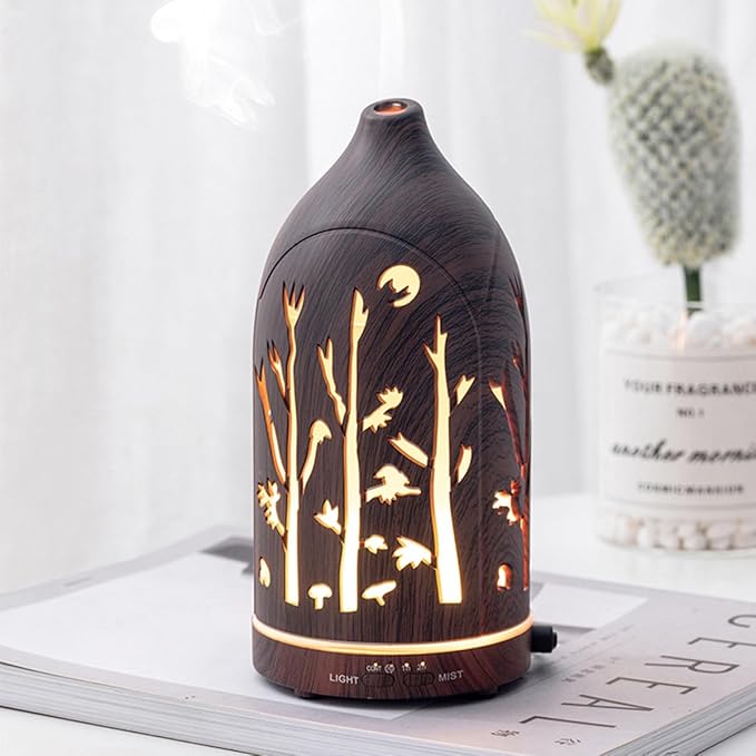Essential Oil Diffuser,7.1''x3.5'' Air Diffusers with 3 Aromatherapy Oils Set,Small 200ml Humidifier with 7 LED Colors Lights,Waterless Auto-Off for Desk Office Home Decor Gift(Tree Dark Wood Grain) - Bloomnest