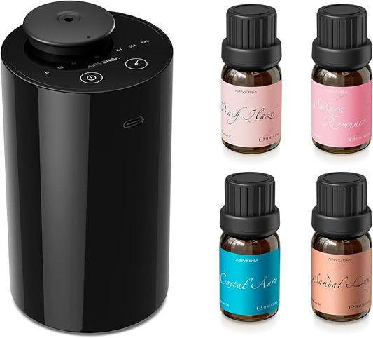 Airversa Waterless Essential Oil Diffuser Starter Kit with 4 x 10mL Fragrance Scent Oil, Battery Operated Mini Scent Air Machine Portable Diffuser for Home Car Office, AN6 Black Kit01 - Bloomnest
