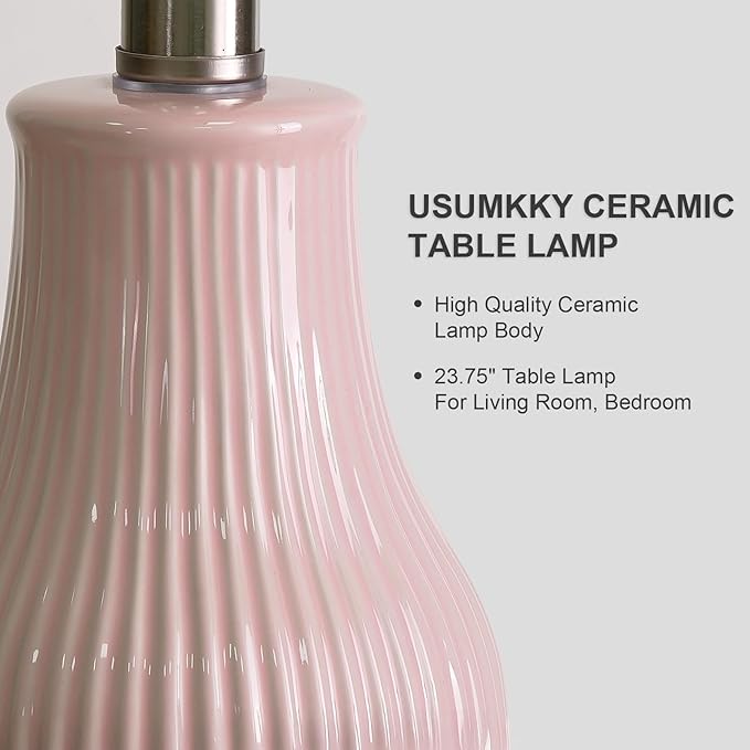23.75inch Pink Modern Ceramic Bedside Lamp Set of 2 for Bedroom Decor Farmhouse Table Lamp for Living Room Office Dorm - Bloomnest
