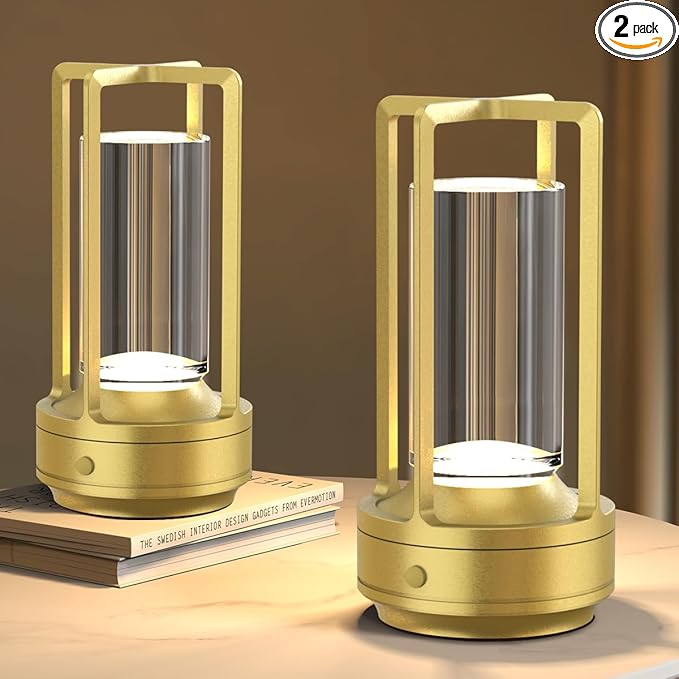 Small Cordless Table Lamps Rechargeable Set of 2 for Indoor/Outdoor, Portable Battery Operated Powered Lamps, Dimmable 3 Color Modes Waterproof, LED Desk Lights for Bedroom/Restaurant/Camping-Gold - Bloomnest