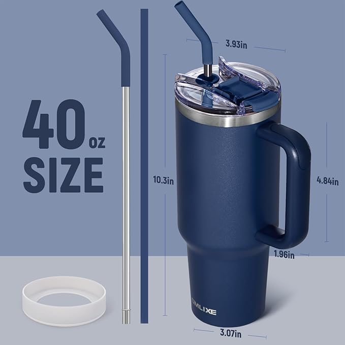 40 oz Tumbler with Handle and Straw Lid,Insulated Reusable Stainless Steel Water Bottle Travel Mug，Cupholder Friendly Double Wall Vacuum Sealed Cup (Navy) - Bloomnest