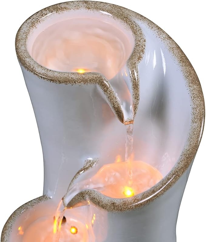 Haobos Indoor Water Fountain Imitation Ceramics Appearance Tabletop Fountain Relaxation Desktop Waterfall w/ 3 Reflective led, 9.8 Inch Tall Fountain (Grey) - Bloomnest