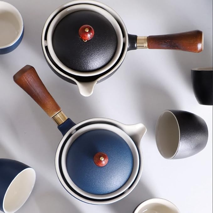 Ceramic Portable Travel Tea Set, Chinese Kungfu Tea Set with 360 Rotation Teapot and Infuser, 4 Tea Cups, Tea Tray And Travel Bag (Blue)
