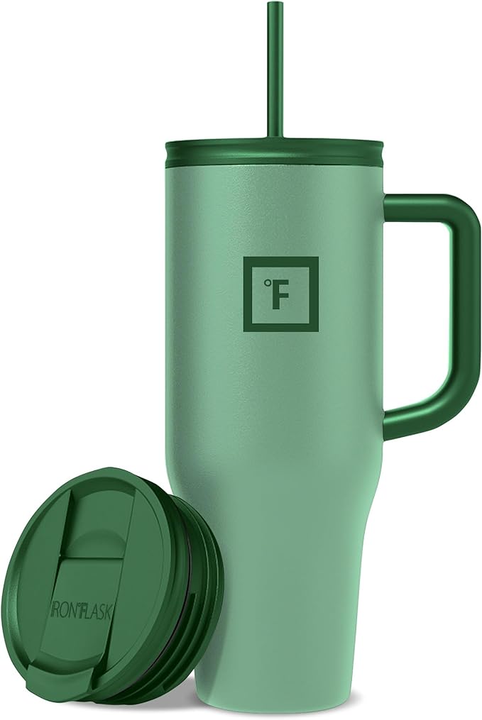 IRON °FLASK Co-Pilot Insulated Mug w/Straw & Flip Cap Lids - Cup Holder Bottle for Hot, Cold Drink - Leak-Proof - Water, Coffee Portable Travel Mug - Sage Grove, 40 Oz - Bloomnest