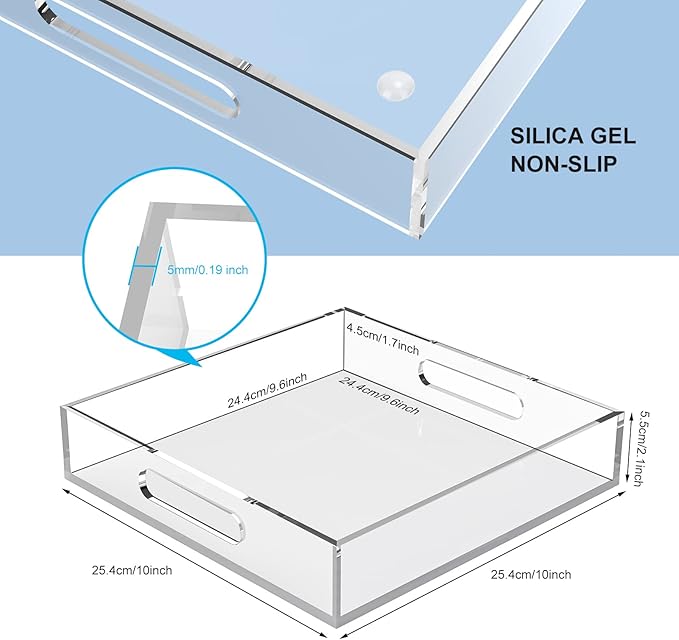 Home Decorative Coffee Table Tray, 10"x10" Elegant Acrylic Serving Trays with Handles Works for Eating, Breakfast, Makeup Drawer Organizer,Bathroom Vanity Table,Ottoman Tray, Clear - Bloomnest