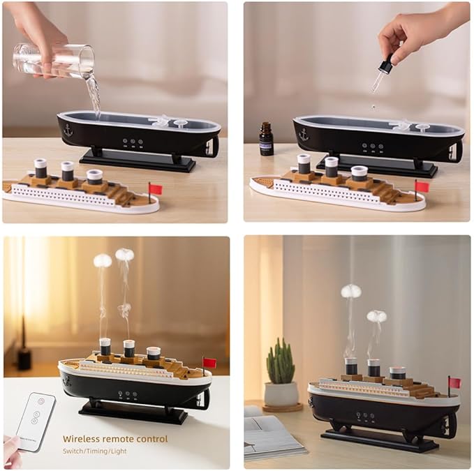 Essential Oil Diffuser, 250ml Ship Modelling Aromatherapy Ship Oil Diffuser Cool Mist Humidifier with Remote Control, Remote 2 Spray Mode Auto Shut-Off, 7 Color LED Light for Home Office(Black) - Bloomnest
