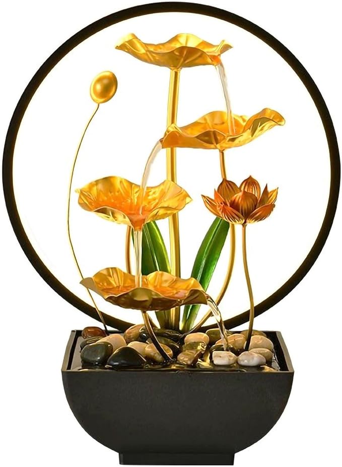 Tabletop Water Fountain Lotus Leaf Indoor Waterfall Fountain, 15 in USB Powered Tabletop Lotus Water Fountains with 1 Replacement Water Pump (Gold Large) - Bloomnest