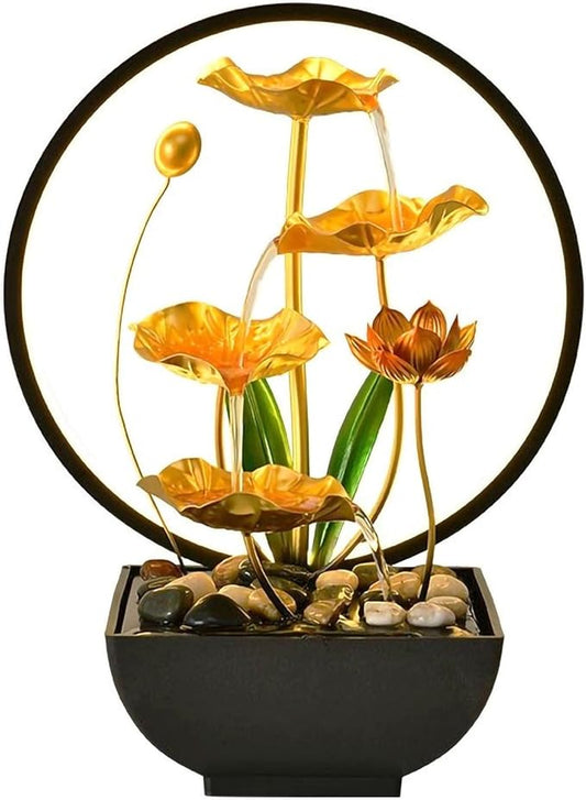 Tabletop Water Fountain Lotus Leaf Indoor Waterfall Fountain, 15 in USB Powered Tabletop Lotus Water Fountains with 1 Replacement Water Pump (Gold Large) - Bloomnest