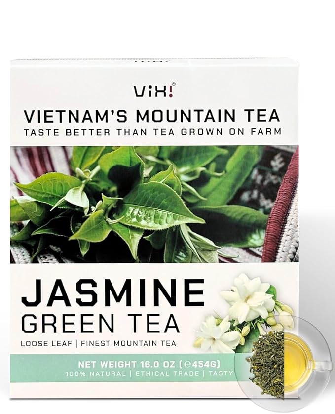 VIXI Jasmine Green Tea Loose Leaves, 16 Oz, Jazmine Flavored, Unsweetened, Caffeinated, 100% Natural from Ancient Leaf Tea Tree, Jasmin Scented Green Looseleaf for Hot and Cold Brew - Bloomnest