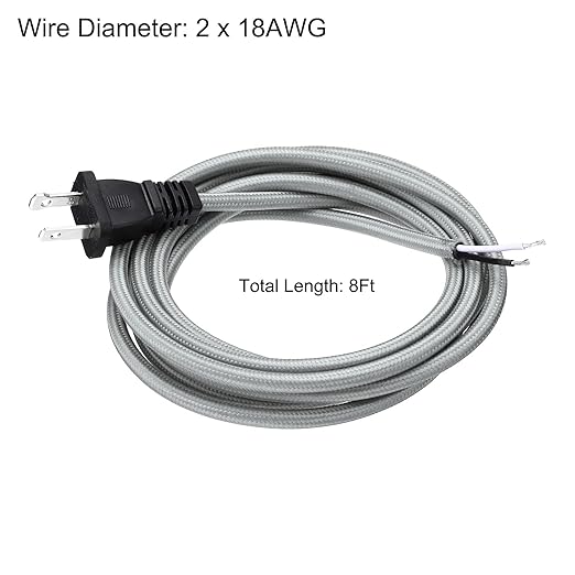 uxcell 8Ft 18/2 Cloth Covered Lamp Cord with Plug, Vintage Electrical Lamp Cord with Stripped Ends for Extension Wiring DIY Repairing, Silver