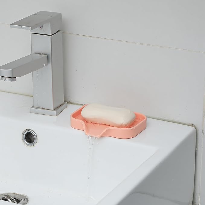 Silicone Bathroom Soap Dishes with Drain Spout-Bathroom and Kitchen Sink Organizer,Sponge Holder,Dish Soap Tray,Perfect for Dispenser,Scrubber,Bottle,Cup on Sink or Counter-Pink 4.9"×3.2" - Bloomnest