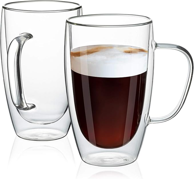 MEWAY 16oz/2 pack Coffee Mugs,Thickened Clear Glass Double Wall Cup with handle for Coffee, Tea, Latte, Cappuccino (16 oz，2) - Bloomnest