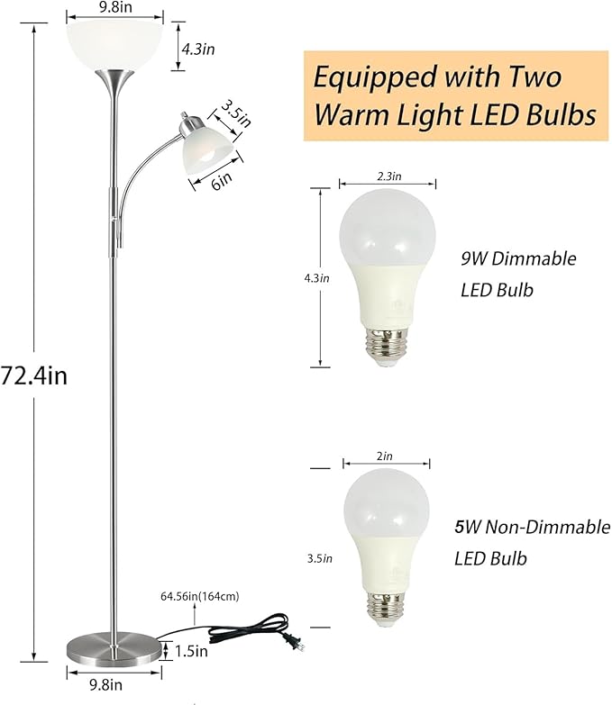 Floor Lamp, Dimmable Standing lamp, Stepless Dimming Brightness, Included 9W and 5W LED Bulbs, Industrial Floor Lamp for Living Room, Bedroom, Office, Reading - Bloomnest