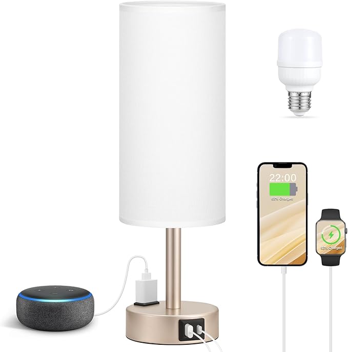Antique White Bedside Table Lamp for Bedroom - 3 Way Dimmable Touch Lamp USB C Charging Ports and AC Outlet, Small Lamp Gold Base Round Flaxen Fabric Shade for Living Room, Desk, LED Bulb Included - Bloomnest