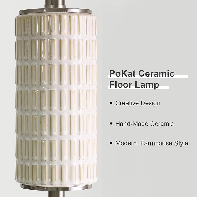 PoKat Silver Ceramic Floor Lamp for Living Room Bedroom, 64" Modern Tall Standing Lamp with Rotary Switch, Traditional Living Room Lamp for Corner, Home Office, Nursery - Bloomnest