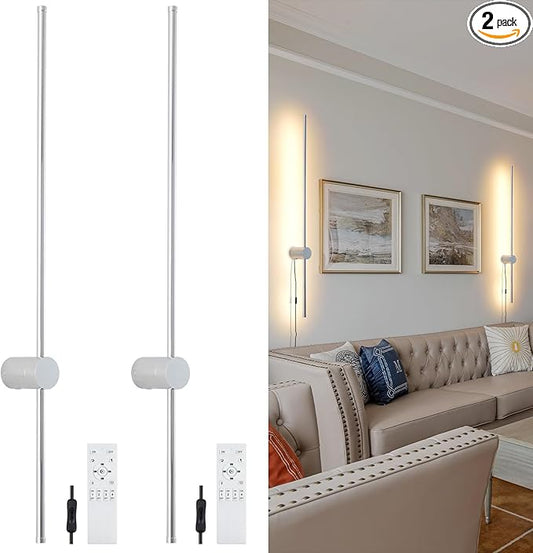 Dimmable Plug in Wall Sconce Set of 2, Chrome 39.37" LED Wall Light with Remote, Adjustable Color Temperature Brightness Wall lamp with Timer for Living Room,Bedroom and Accent Lighting - Bloomnest