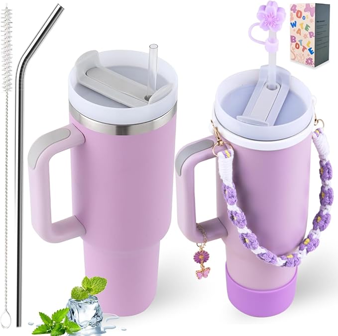 40 oz Tumbler Insulated Mug w/Straw & Flip Cap Lids - Cup Holder Bottle with 6 Accessories Set for Hot, Cold Drink - Leak-Proof - Water, Coffee Portable Travel Mug (Lupine Purple) - Bloomnest