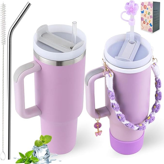 40 oz Tumbler Insulated Mug w/Straw & Flip Cap Lids - Cup Holder Bottle with 6 Accessories Set for Hot, Cold Drink - Leak-Proof - Water, Coffee Portable Travel Mug (Lupine Purple) - Bloomnest