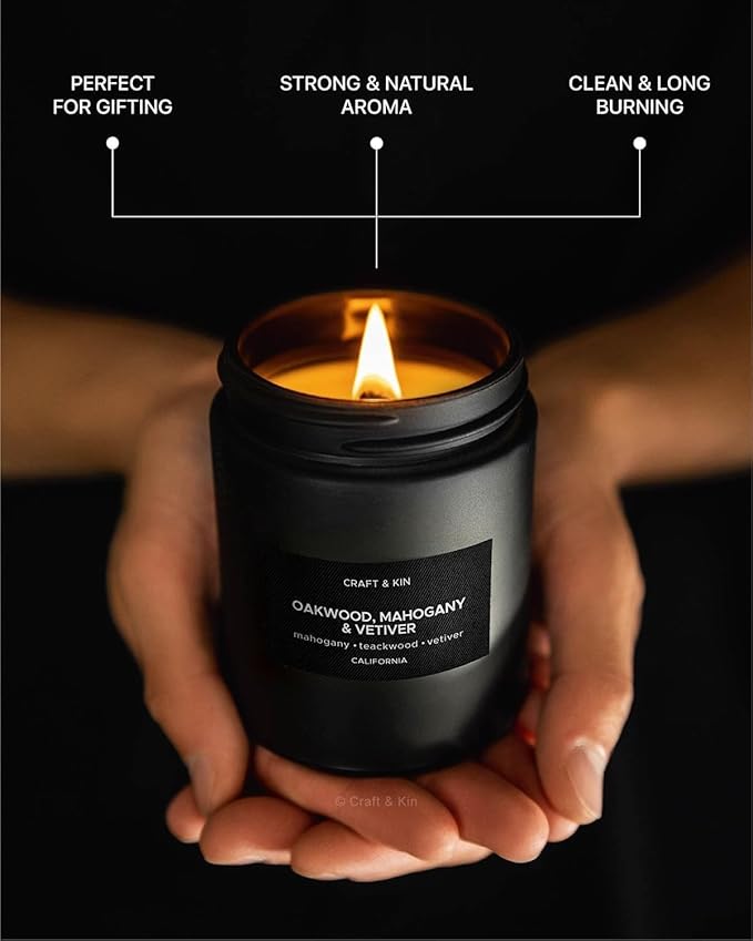 Craft & Kin Premium Oakwood, Mahogany & Vetiver Candle | Black Christmas Scented Candles for Men | Long Lasting with 45 Hour Burn Time, 7.6oz | Soy Holiday Candles | Aromatherapy at Home - Bloomnest