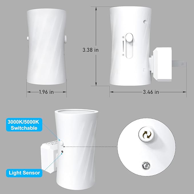 Led Night Lights Plug into Wall, 3000K/5000K Switchable, 2 Pack, Plug in Night Light, 0-100LM Dimmable Night Light, Modern Nightlights, Dusk To Dawn Sensor for Bedroom Bathroom Kitchen Stairs - Bloomnest