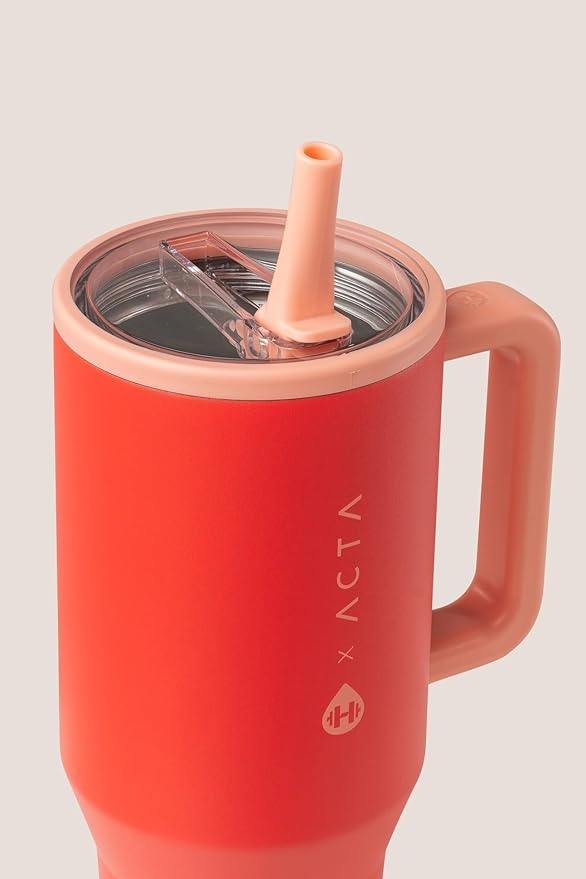 HydroJug Traveler - 40 oz Water Bottle with Handle & Flip Straw - Fits in Cup Holder, Leak Resistant Tumbler-Reusable Insulated Stainless Steel & Rubber Base - Gifts for Women & Men, Peach Pop Hydrojug