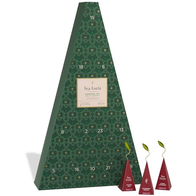 Tea Forte Herbal Tea Advent Calendar Gift Set; 24 Individually Wrapped Handcrafted Assorted Pyramid Infuser Tea Bags with Numbered Doors, Warming Joy (Herbal) - Bloomnest