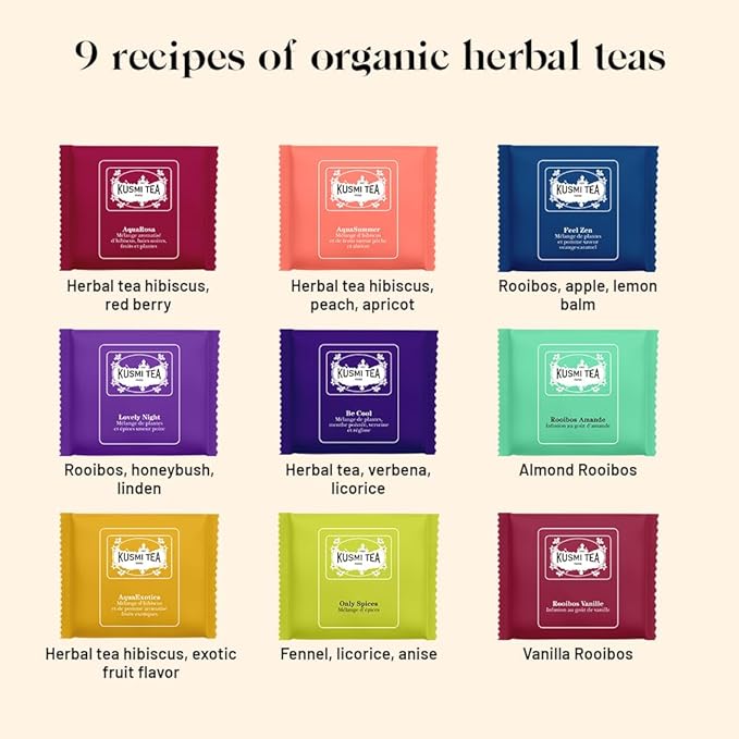 Kusmi Tea - Organic Herbal Tea Gift Set - Sampler Assortment Variety Box - Gift Idea for Men and Women - Caffeine-Free Teas - Hibiscus Tea, Chamomile Tea, Rooibos - 9 Recipes - 45 Tea Bags - Bloomnest