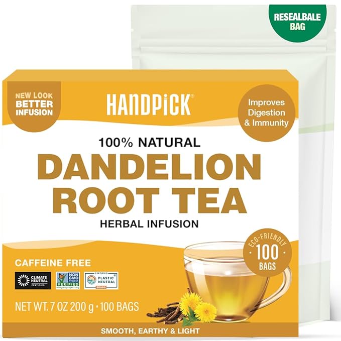 HANDPICK - Dandelion Root Tea bags, 100 Teabags - Natural Dandelion Herbal Tea for Liver & Kidney Health - Non-GMO - Caffeine-free - Support Digestion & Boost Immune System - Bloomnest