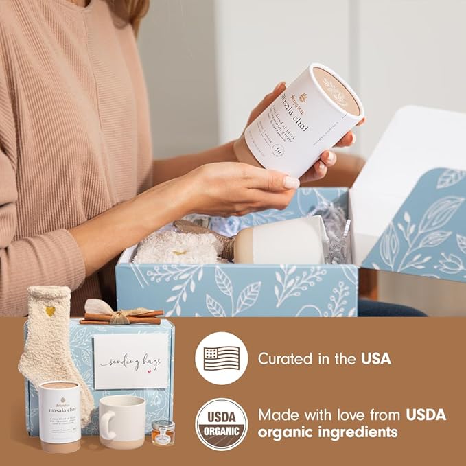 Unboxme Birthday Gift Basket for Women - Soothing Self Care Box with Fluffy Socks, Ceramic Mug, Chai Tea, Honey & Cinnamon for Mom, Sister, Friends and Coworkers - Bloomnest