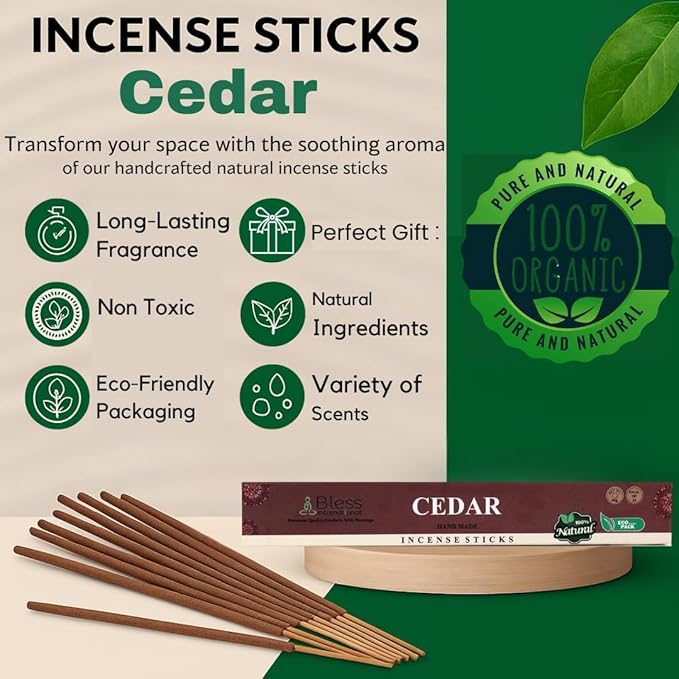 Bless-Cedar 100%-Natural-Handmade-Hand-Dipped-Incense-Sticks Organic-Chemicals-Charcoal-Free Purification-Relaxation-Positivity-Yoga-Meditation Best-Woods-Scent (500 Sticks(26 OZ)) BlessInternational