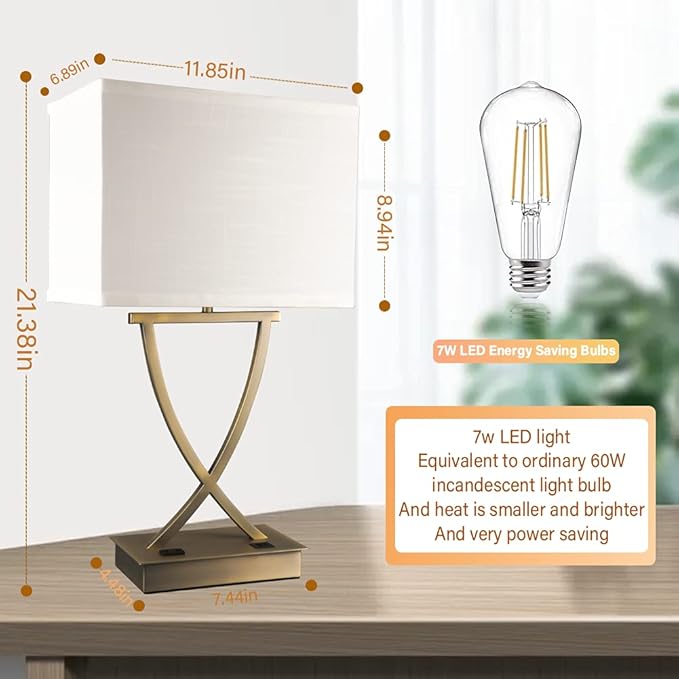 3-Way Dimmable Touch Control Medium Table Lamp with Type C/USB Charging Port and 1 AC Outlet White Shade 21.38" Bedside Nightstand Lamp for Bedroom Living Room Office and Hotel Bulb Included - Bloomnest