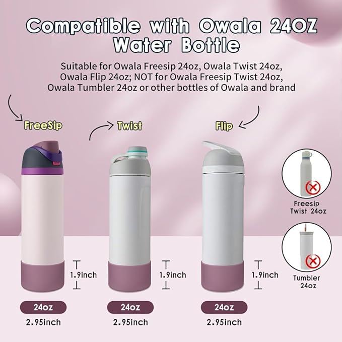 2PCS Silicone Water Bottle Boot, Compatible with Owala 24oz 32oz 40oz, Protective Anti-Scratch & Anti-Dent No Noise Sleeve Cover for FreeSip/Twist/Flip Water Bottles (Mauve, 24oz) BKBY