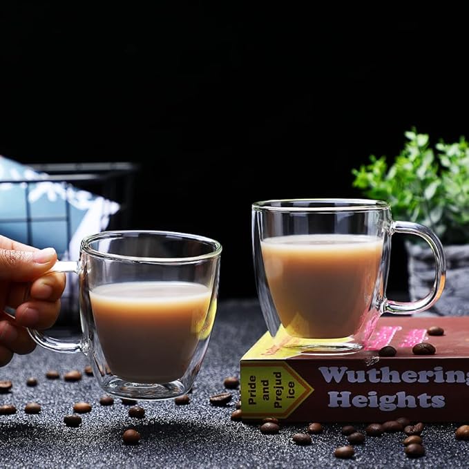 CNGLASS Insulated Espresso Glass Mugs 5.4oz/160ml, Small Clear Coffee Mugs Set of 6, Double Wall Glass Cups with Handle for Tea and Macchiato - Bloomnest