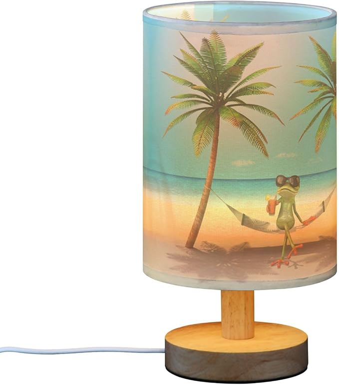 Frog Palm Tree Hammock Table Lamp with Wooden Base and Linen Fabric Shade, Multicolor, 13 cm x 5.12 inches x 9.7 inches, LED, USB, Touch Control, Non-Flashing Warm Light, Indoor Use, 1 Pack - Bloomnest