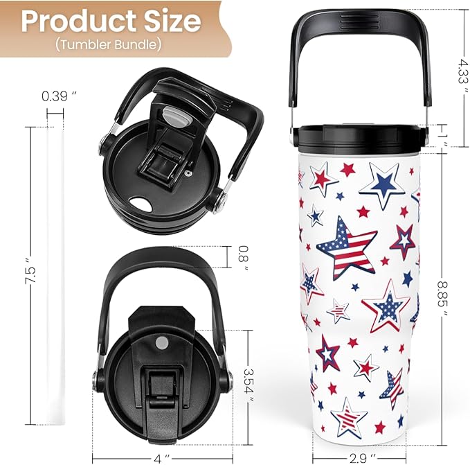 SANDJEST American Flag Star Tumbler with Handle 30oz, Stainless Steel Insulated Flip Straw Tumblers Coffee Travel Mug Cup, USA America Gifts for Women Girl for Birthday Christmas - Bloomnest